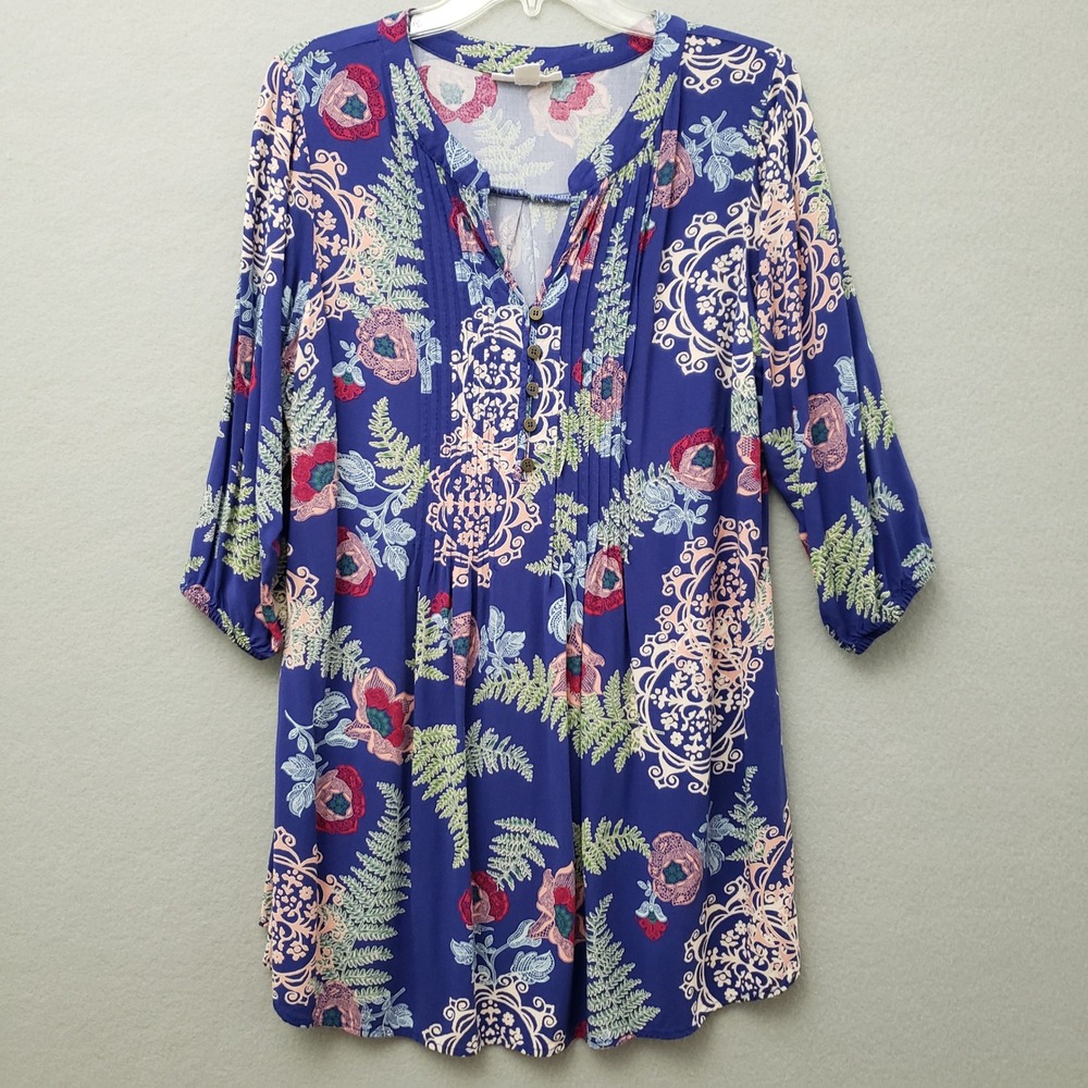 Loralette Womens 14 Tunic Top Blue Floral Paisley Boho Pintuck V-Neck Blouse